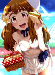 Rule 34 | 1girl, apron, bad id, bad twitter id, basket, bent over, bikini, bikini top only, blue ribbon, blue sky, blurry, blurry background, breasts, brown hair, cleavage, commentary request, flower, food, hair flower, hair ornament, halterneck, highres, idolmaster, idolmaster million live!, leaning forward, long hair, looking at viewer, medium breasts, miyao miya, navel, neck ribbon, open mouth, pink eyes, pool, ribbon, run p (aveton), sandwich, sky, smile, solo, standing, swimsuit, waist apron, white bikini