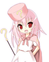 Rule 34 | 1girl, ?, benesse, blush, cape, fang, hat, hatena yousei, long hair, pink hair, pink hat, red eyes, safi, simple background, solo, standing, white background
