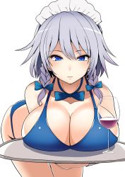 Rule 34 | 1girl, amisu, bare shoulders, bikini, blue bikini, blue bow, blue eyes, blue neckwear, bow, braid, breast rest, breasts, breasts on tray, carried breast rest, carrying, cleavage, closed mouth, collarbone, cup, drinking glass, hair bow, halterneck, highres, izayoi sakuya, large breasts, looking at viewer, maid headdress, silver hair, simple background, smile, solo, swimsuit, touhou, tray, twin braids, white background