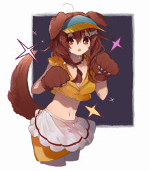 Rule 34 | 1girl, ahoge, animal ears, animal hands, apron, blush, bone hair ornament, braid, breasts, brown eyes, brown gloves, brown hair, brown hat, cartoon bone, cleavage, collar, collarbone, crop top, cropped legs, cyawa, dog ears, dog girl, dog tail, fang, gloves, hair between eyes, hair ornament, hair over shoulder, hat, highres, hololive, inugami korone, long hair, looking at viewer, low twintails, medium breasts, navel, open mouth, paw gloves, red collar, shirt, skirt, sleeveless, sleeveless shirt, solo, spiked collar, spikes, tail, twin braids, twintails, virtual youtuber, visor cap, waist apron, white apron, yellow shirt, yellow skirt