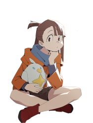 Rule 34 | 1girl, :/, absurdres, alcor (little witch academia), asymmetrical bangs, blue scarf, blue shirt, blunt bangs, boots, brown hair, brown shorts, closed mouth, coat, crossed legs, full body, hair tie, highres, holding, holding stuffed toy, kagari atsuko, little witch academia, long hair, long sleeves, looking at viewer, one side up, orange coat, psylduck, red eyes, red footwear, scarf, shirt, shorts, simple background, sitting, solo, straight hair, stuffed animal, stuffed toy, tareme, white background