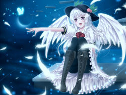 Rule 34 | 1girl, alternate color, angel wings, aru gunsou, bad id, bad pixiv id, black pantyhose, boots, bow, bug, butterfly, cross-laced footwear, feathers, food, fruit, g-tenko-r, glowing, glowing butterfly, hat, hinanawi tenshi, insect, knee boots, lace-up boots, long hair, m.u.g.e.n, open mouth, outstretched arm, pantyhose, peach, pink eyes, puffy short sleeves, puffy sleeves, shirt, short sleeves, silver hair, skirt, smile, solo, thighband pantyhose, touhou, wings