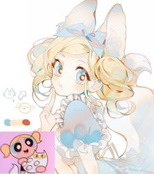 Rule 34 | 1girl, animal ear fluff, animal ears, artist name, blonde hair, blue bow, blue eyes, bow, bubbles (ppg), cat, cat tail, cha brown, color guide, extra ears, finger to own chin, frilled sleeves, frills, hair bow, highres, index finger raised, long hair, looking at viewer, multiple views, powerpuff girls z, reference inset, short sleeves, short twintails, simple background, tail, tail bow, tail ornament, twintails, upper body, white background, white bow