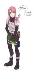Rule 34 | 1girl, alternate costume, bandaged leg, bandages, black gloves, black pantyhose, elbow gloves, english text, facial mark, fanny pack, forehead mark, full body, gloves, glowing, glowing hands, green eyes, haruno sakura, highres, long hair, looking at viewer, naruto (series), naruto shippuuden, pantyhose, pink hair, pouch, sheath, sheathed, shivi martin, shoes, solo, tattoo, thigh pouch, toeless footwear, wet, wet hair, white background