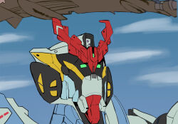 aircraft airship blue_sky gquuuuuux gundam gundam_gquuuuuux mecha mecha_focus mobile_suit mobile_suit_gundam no_humans parody quality robot sky syope v-fin