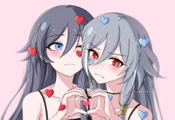 2girls blue_eyes blush collarbone commentary fu_hua fu_hua_(herrscher_of_sentience) grey_hair hair_between_eyes heart heart_hands heart_hands_duo honkai_(series) honkai_impact_3rd multicolored_hair multiple_girls one_eye_closed pink_background red_eyes simple_background streaked_hair symbol-only_commentary twitter_username two-tone_hair white_hair yuhuria_52 yuri