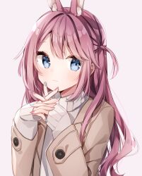 Rule 34 | 1girl, :3, animal ears, blue eyes, blue nails, blush, brown coat, closed mouth, coat, grey sweater, heripiro, highres, long hair, long sleeves, looking at viewer, looking to the side, nail polish, one side up, open clothes, open coat, original, own hands together, pink background, pink hair, pink nails, rabbit ears, rabbit girl, simple background, sleeves past wrists, smile, solo, sweater, turtleneck, turtleneck sweater, upper body