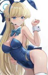 Rule 34 | 1girl, animal ears, arched back, bare shoulders, blonde hair, blue archive, blue bow, blue eyes, blue hairband, blue leotard, blush, bow, bowtie, braid, breasts, closed mouth, covered navel, detached collar, earpiece, fake animal ears, hairband, halo, hand up, highleg, highleg leotard, highres, leaning forward, leotard, long hair, may9, medium breasts, microphone, official alternate costume, official alternate hairstyle, playboy bunny, rabbit ears, simple background, solo, thighhighs, thighs, toki (blue archive), toki (bunny) (blue archive), very long hair, white background, white thighhighs, wrist cuffs