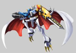 Rule 34 | arm cannon, armor, bandai, blue eyes, cape, claws, digimon, full armor, highres, horns, male focus, mecha, monster, no humans, omegamon, robot, royal knights, sword, weapon