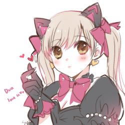 Rule 34 | 1girl, animal ears, black cat d.va, black gloves, blonde hair, blush, bow, cat ears, character name, closed mouth, d.va (overwatch), earrings, gloves, green eyes, hair bow, hand up, heart, heart earrings, jewelry, kaoruru (sakuno2911), long hair, looking at viewer, overwatch, overwatch 1, pink bow, puffy short sleeves, puffy sleeves, short sleeves, signature, simple background, smile, solo, twintails, white background