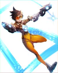 Rule 34 | 1girl, blue background, bodysuit, brown hair, chest harness, commentary request, dual wielding, elbow gloves, gloves, glowing, goggles, gun, hair between eyes, handgun, harness, holding, holding gun, holding weapon, knee up, long sleeves, looking at viewer, matsumoto tomoyohi, navel, open mouth, overwatch, overwatch 1, pistol, shoes, short hair, skindentation, smile, solo, sparkle, tight clothes, tracer (overwatch), unitard, weapon, white background