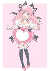 Rule 34 | 1girl, nanashi inc., :d, absurdres, animal ears, animare, bad id, bad twitter id, bare shoulders, bat ears, bat ornament, bat wings, black thighhighs, blush, bow, breasts, cleavage, detached collar, detached sleeves, donguri suzume, dress, fangs, footwear bow, frilled thighhighs, frills, full body, headdress, highres, large breasts, long hair, looking at viewer, name tag, open mouth, pink background, pink dress, pink footwear, pink hair, puffy short sleeves, puffy sleeves, purple eyes, shoes, short sleeves, simple background, smile, bow legwear, solo, thighhighs, thighs, umori hinako, v, virtual youtuber, wings, wrist cuffs, zettai ryouiki