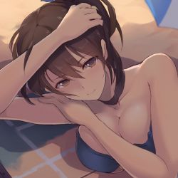 Rule 34 | 10s, 1girl, beach, bikini, blue bikini, breasts, brown eyes, brown hair, choker, cleavage, collarbone, dyson (edaokunnsaikouya), gradient background, hand on own head, hand on own shoulder, kaga (kancolle), kantai collection, large breasts, light smile, long hair, looking at viewer, lying, md5 mismatch, on side, shadow, side ponytail, smile, solo, swimsuit, umbrella, underboob