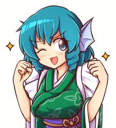 Rule 34 | &gt;;d, 1girl, ;d, blue eyes, blue hair, blush, breasts, clenched hands, fins, head fins, japanese clothes, kimono, looking at viewer, matching hair/eyes, medium breasts, mermaid, monster girl, obi, one eye closed, open mouth, ringlets, sash, smile, solo, sparkle, touhou, upper body, v-shaped eyebrows, wakasagihime, white background, wide sleeves, wool (miwol)