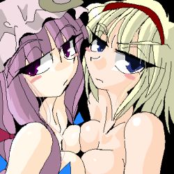 Rule 34 | 2girls, alice margatroid, bare shoulders, black background, blonde hair, blue eyes, blush, blush stickers, breast press, breasts, cleavage, female focus, hairband, hat, kieyza, long hair, looking at viewer, lowres, mob cap, multiple girls, nude, patchouli knowledge, purple eyes, purple hair, serious, short hair, simple background, symmetrical docking, topless, touhou, yuri