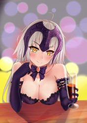 Rule 34 | 1girl, absurdres, ahoge, alcohol, bare shoulders, blush, bow, breast rest, breasts, choker, cleavage, cup, dress, drinking glass, elbow gloves, fate/grand order, fate (series), gloves, head tilt, headpiece, highres, jeanne d&#039;arc (fate), jeanne d&#039;arc alter (avenger) (fate), jeanne d&#039;arc alter (fate), jeanne d&#039;arc alter (holy night supper) (fate), large breasts, long hair, looking at viewer, official alternate costume, purple dress, purple gloves, smile, solo, strapless, strapless dress, white hair, wine glass, xiao bing qiaokeli, yellow eyes