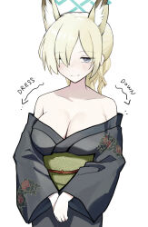 Rule 34 | 1girl, absurdres, alternate costume, animal ear fluff, animal ears, black kimono, blonde hair, blue archive, blue eyes, breasts, cleavage, closed mouth, collarbone, dio nand, english text, floral print, hair over one eye, halo, highres, japanese clothes, kanna (blue archive), kimono, large breasts, long hair, long sleeves, obi, off shoulder, print kimono, sash, simple background, solo, upper body, white background, wide sleeves
