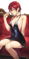 Rule 34 | 1girl, bare legs, bare shoulders, blush, breasts, cleavage, couch, dress, han soo-min (hanny), hanny (uirusu chan), highres, looking at viewer, navel, no bra, original, red hair, short hair, simple background, small breasts, solo, tekken