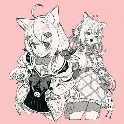 Rule 34 | 1girl, ahoge, animal ears, animal hair ornament, bow, bow print, buttons, cardigan, cat ears, cat girl, commentary, cowboy shot, cropped legs, fang, frilled sailor collar, frills, from above, greyscale with colored background, hair ornament, hairclip, highres, long hair, looking at viewer, low twintails, multiple views, neckerchief, necktie, nijisanji, nijisanji kr, open cardigan, open clothes, pink background, rabbit hair ornament, sailor collar, school uniform, serafuku, simple background, skin fang, skirt, symbol-only commentary, ta0oxo0ma, twintails, unbuttoned, virtual youtuber, x hair ornament, yang nari, yang nari (1st costume), yang nari (3rd costume)