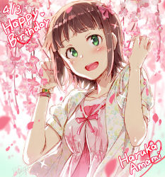 Rule 34 | 1girl, :d, amami haruka, blush, bow, bracelet, brown hair, character name, dated, flower, green eyes, hair bow, hair ribbon, happy birthday, heart, idolmaster, idolmaster (classic), jewelry, open mouth, petals, redrop, ribbon, ribbon-trimmed clothes, ribbon trim, short hair, smile, solo
