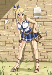 Rule 34 | 1girl, blonde hair, blue ribbon, blue skirt, brown eyes, brown footwear, fairy tail, hair ribbon, hand on own hip, high heels, highres, looking at viewer, lucy heartfilia, pleated skirt, ribbon, skirt, smile, solo, tattoo, xsorax812
