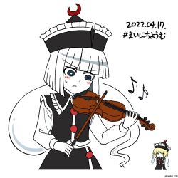 Rule 34 | 2girls, black eyes, black headwear, blonde hair, bow (music), bright pupils, commentary request, cosplay, crescent, crescent hat ornament, dated, frilled hat, frills, ghost, hat, hat ornament, highres, holding, holding instrument, holding violin, hoshii 1213, instrument, konpaku youmu, konpaku youmu (ghost), lunasa prismriver, lunasa prismriver (cosplay), multiple girls, music, musical note, playing instrument, short hair, simple background, solo focus, touhou, twitter username, violin, white background, white hair, white pupils, yellow eyes
