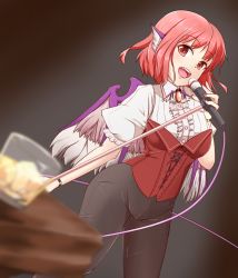 Rule 34 | 1girl, alternate costume, blurry, commentary request, cup, depth of field, drinking glass, glass, highres, holding, looking at viewer, microphone, music, mystia lorelei, open mouth, pink hair, puffy short sleeves, puffy sleeves, red eyes, short hair, short sleeves, singing, solo, thighs, touhou, wings, zefutefu