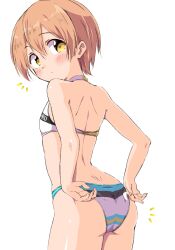 Rule 34 | 1girl, adjusting clothes, adjusting swimsuit, ass, bare arms, bare shoulders, bikini, blush, closed mouth, cowboy shot, from behind, hair between eyes, highres, hoshizora rin, looking at viewer, looking back, love live!, love live! school idol project, notice lines, orange hair, sen (sen0910), short hair, simple background, solo, swimsuit, white background, white bikini, yellow eyes