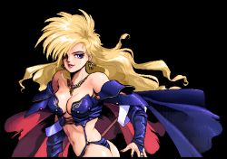 Rule 34 | absurdres, ass, black background, blonde hair, brandish, breasts, cleavage, dela delon, eyeshadow, floating cape, highres, jewelry, leather, makeup, midriff, necklace, non-web source, purple eyes, screencap, wavy hair, witch