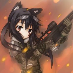 Rule 34 | 1girl, black hair, brown eyes, facepaint, gloves, goggles, goggles on head, gun, highres, k-on!, long hair, nakano azusa, rifle, roro rosset, scope, sniper rifle, twintails, weapon