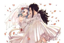 Rule 34 | 1boy, 1girl, :d, black hair, blush, bridal veil, brown eyes, carrying, choker, couple, dress, ear piercing, elbow gloves, eye contact, f-ism, fairy tail, flower, gajeel redfox, gloves, green theme, hair flower, hair ornament, hair ribbon, high heels, levy mcgarden, long dress, long hair, looking at another, nose piercing, open mouth, petals, piercing, ponytail, princess carry, pumps, ribbon, rusky, signature, sleeveless, sleeveless dress, smile, veil, very long hair, wedding dress, white background, white flower, white footwear, white gloves, white ribbon