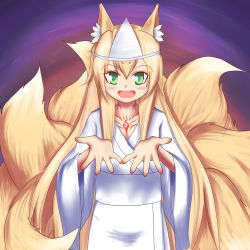 Rule 34 | 1girl, :d, alternate costume, animal ear fluff, animal ears, blonde hair, commentary request, fang, fox ears, fox tail, green eyes, highres, japanese clothes, kimono, kitsune, kyuubi, large tail, long hair, looking at viewer, mon-musu quest!, multiple tails, open hands, open mouth, ruinluin, slit pupils, smile, solo, tail, tamamo (mon-musu quest!), tattoo, triangular headpiece, white kimono