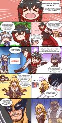 Rule 34 | 2boys, 4girls, 4koma, ahoge, black hair, blake belladonna, blonde hair, blue eyes, bodysuit, breasts, brown jacket, cape, claw (weapon), claws, cleavage, cloak, comic, commentary, ember celica (rwby), english commentary, english text, fang, fingerless gloves, gardavwar, gloves, gradient hair, grey eyes, highres, hood, hooded cloak, jacket, large breasts, long hair, marvel, mask, midriff, multicolored hair, multiple boys, multiple girls, orange scarf, ponytail, puffy short sleeves, puffy sleeves, purple eyes, red cape, red hair, ruby rose, rwby, sabertooth (x-men), scar, scar across eye, scar on face, scarf, short hair, short sleeves, side ponytail, skin tight, speech bubble, tagme, two-tone hair, wavy hair, weapon, weiss schnee, white hair, wolverine (x-men), x-men, yang xiao long, yellow eyes