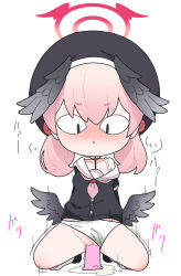 Rule 34 | 1girl, :&lt;, bad id, bad pixiv id, beret, black footwear, black hat, black shirt, black wings, blue archive, blush, chibi, collarbone, commentary request, dildo, dildo riding, feathered wings, female masturbation, full body, halo, hat, head wings, highres, kneehighs, koharu (blue archive), long hair, loose socks, low twintails, low wings, masturbation, nose blush, nyaru (nyaru 4126), object insertion, off shoulder, panties, parted lips, pink hair, pussy, pussy juice, sex toy, shirt, shoes, simple background, socks, solo, triangle mouth, twintails, underwear, vaginal, vaginal object insertion, white background, white panties, white socks, wings