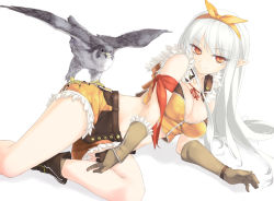 Rule 34 | 1girl, bare shoulders, bird, boots, breasts, cleavage, falcon, fingerless gloves, gloves, hair ribbon, long hair, looking at viewer, lying, midriff, on side, pointy ears, ragnarok online, red eyes, ribbon, rokuwata tomoe, shorts, silver hair, simple background, smile, sniper (ragnarok online), solo, white background