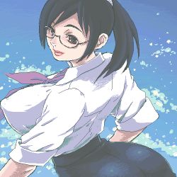 Rule 34 | 1girl, 33 (loro), back, black hair, breasts, brown eyes, covered erect nipples, glasses, holon, huge breasts, lips, looking back, lowres, necktie, oekaki, office lady, pencil skirt, real drive, skirt, sleeves rolled up, solo