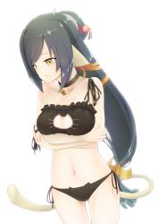 Rule 34 | 1girl, absurdly long hair, animal ears, aquaplus, arms under breasts, bare arms, bare shoulders, bell, black bra, black hair, black panties, bra, breasts, cat lingerie, cat tail, choker, cleavage, cleavage cutout, clothing cutout, collarbone, cowboy shot, crop top, crossed arms, frilled bra, frills, hair ornament, high ponytail, highres, kuon (utawarerumono), long hair, looking down, looking to the side, low-tied long hair, medium breasts, meme attire, midriff, panties, parted lips, ponytail, sanada yu0705, sidelocks, sleeveless, solo, standing, swept bangs, tail, thighs, underwear, underwear only, utawarerumono, utawarerumono: itsuwari no kamen, very long hair, white tail, yellow eyes