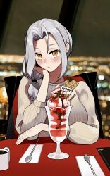 Rule 34 | 1girl, alternate costume, birthday, blush, carmilla (fate), chair, closed mouth, commentary, cup, english commentary, fate/grand order, fate (series), grey hair, head rest, highres, long hair, long sleeves, looking at viewer, monkey jon, mug, ribbed sweater, side ponytail, sitting, solo, sweater, table, yellow eyes
