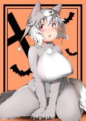 Rule 34 | 1girl, animal costume, animal hat, bat (animal), blush, breasts, claws, costume, eyebrows, fang, halloween, hat, highres, huge breasts, impossible clothes, inubashiri momiji, looking away, open mouth, plump, red eyes, shishi juuroku, short hair, silver hair, simple background, sitting, solo, thick eyebrows, thick thighs, thighs, touhou, wariza, wolf costume