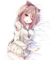 Rule 34 | 1girl, animal ears, bed sheet, blue neckerchief, blush, braid, breasts, brown hair, cat ears, cat girl, cat tail, commentary, english commentary, fang, fuuna, long hair, long sleeves, lying, medium breasts, neckerchief, on side, one eye closed, open mouth, original, pleated skirt, red eyes, sailor collar, school uniform, serafuku, shirt, skirt, solo, tail, tail raised, white sailor collar, white shirt, white skirt
