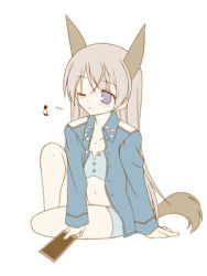 Rule 34 | 00s, 1girl, animal ears, blonde hair, collarbone, eila ilmatar juutilainen, eyebrows, fox ears, fox tail, long sleeves, lowres, midriff, navel, purple eyes, simple background, sitting, solo, stomach, strike witches, tail, white background, world witches series, yokozuwari
