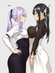 Rule 34 | &gt;:(, 2girls, arched back, asymmetrical docking, bangle, black hair, black shirt, blue skirt, bouncing breasts, bracelet, breast envy, breast press, breasts, closed mouth, collared shirt, commentary, cowboy shot, elf, elf (houtengeki), eye contact, from side, frown, grey background, hair ribbon, hand on own hip, high-waist skirt, houtengeki, jewelry, large breasts, long sleeves, looking at another, medium breasts, meme attire, multiple girls, original, pink eyes, pink hair, pointy ears, ponytail, profile, purple hair, ribbon, shirt, sidelocks, simple background, skirt, standing, translated, twintails, v-shaped eyebrows, v arms, waistcoat, white ribbon, white shirt, white skirt, wing collar, yellow eyes