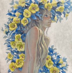 1girl absurdres blonde_hair blue_eyes flower hair_over_breasts highres long_hair looking_to_the_side nude oil_painting_(medium) original painting_(medium) parted_lips ringodrawing solo traditional_media upper_body yellow_flower