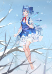 Rule 34 | 1girl, absurdres, barefoot, bespectacled, blue dress, blue eyes, blue hair, bow, cirno, dress, flying, forest, glasses, hair bow, highres, ice, ice wings, kamachi kamachi-ko, legs, long legs, matching hair/eyes, nature, puffy short sleeves, puffy sleeves, sash, shirt, short hair, short sleeves, smile, snow, snowing, solo, touhou, wings