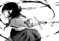 Rule 34 | 1girl, blood, commentary request, dagger, greyscale, holding, holding dagger, holding knife, holding weapon, knife, long sleeves, looking at viewer, monochrome, one side up, original, parted lips, pleated skirt, sailor collar, school uniform, serafuku, shirt, simple background, skirt, solo, suzunari shizuku, swept bangs, weapon, white background, yuki arare