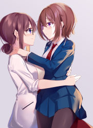 Rule 34 | 2girls, age difference, black-framed eyewear, black legwear, blazer, blue jacket, blue skirt, blush, breasts, brown hair, closed mouth, collared shirt, earrings, eye contact, glasses, grey background, hair between eyes, highres, jacket, jewelry, kisaragi yuri, lab coat, long sleeves, looking at another, medium breasts, multiple girls, necktie, open clothes, open jacket, original, pantyhose, parted lips, pleated skirt, profile, purple eyes, red neckwear, red skirt, school uniform, shirt, simple background, skirt, smile, white shirt, yuri