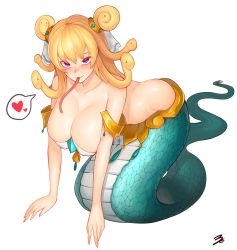 Rule 34 | 1girl, 3gs, absurdres, bare shoulders, blonde hair, blush, breasts, cleavage, elsword, forked tongue, highres, lamia, large breasts, monster girl, red eyes, scales, snake, snake hair, snake tail, solo, tail, tongue