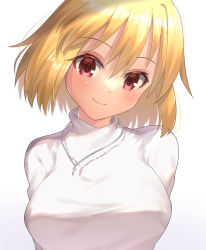 Rule 34 | 1girl, arcueid brunestud, arms behind back, blonde hair, blush, breasts, closed mouth, hair between eyes, head tilt, highres, itsuka neru, jewelry, large breasts, looking at viewer, necklace, red eyes, short hair, simple background, smile, solo, sweater, tsukihime, tsukihime (remake), turtleneck, turtleneck sweater, upper body, white background, white sweater