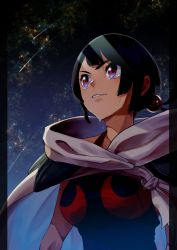 Rule 34 | 1girl, black hair, black shirt, breasts, cloak, commentary request, creatures (company), crying, eyelashes, game freak, hair bobbles, hair ornament, highres, letterboxed, night, nintendo, outdoors, parted lips, pokemon, pokemon oras, red eyes, shirt, shooting star, sky, solo, star (sky), tears, upper body, yuro (mangasukinoyuro), zinnia (pokemon)