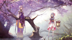 Rule 34 | 2girls, absurdly long hair, adapted costume, ahoge, arm support, bare legs, bare shoulders, bare tree, black legwear, blue kimono, breasts, cherry blossoms, closed mouth, commentary request, day, detached sleeves, falling leaves, floral print, flower, grey hair, hair between eyes, hair flower, hair ornament, hair over shoulder, hair ribbon, haiyi, high heels, highres, holding, holding lantern, in tree, japanese clothes, jewelry, kieed, kimono, lantern, leaf, long hair, long sleeves, looking afar, looking at another, looking to the side, multiple girls, obi, oil-paper umbrella, outdoors, parted lips, pendant, pink flower, pink ribbon, plant, print kimono, puffy short sleeves, puffy sleeves, purple eyes, purple footwear, purple hair, purple kimono, quad tails, red ribbon, ribbon, sash, short sleeves, siblings, sidelocks, sisters, sitting, skirt, small breasts, smile, spread legs, standing, standing on liquid, star (symbol), star hair ornament, tassel, tree, umbrella, very long hair, vocaloid, water, white skirt, wide sleeves, wrist cuffs, xingchen, yellow eyes